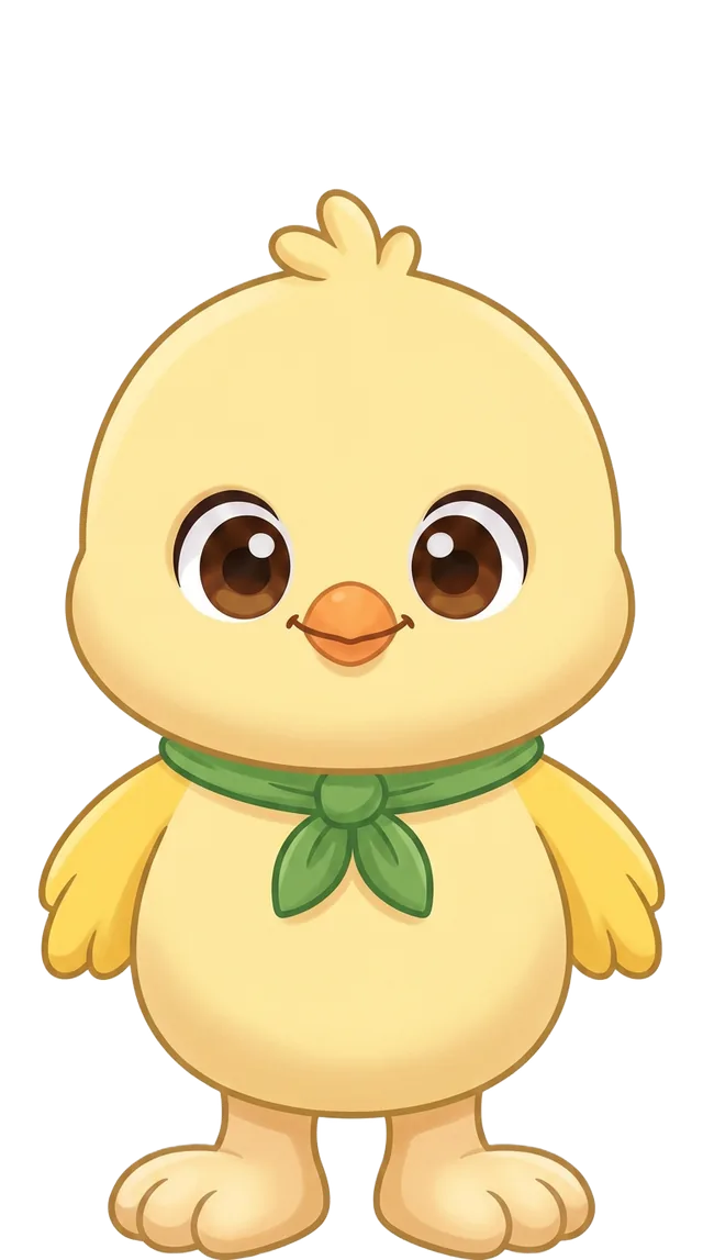 Pip, a small yellow bird in a green jumper, standing brightly